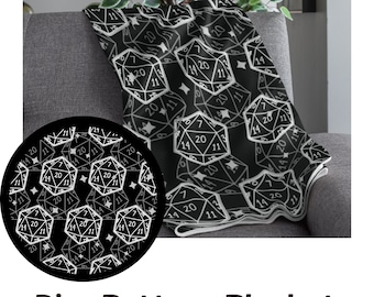 DnD Blanket with BW Dice Pattern | Dungeons & Dragons Home Decor | Lightweight Velveteen Blanket