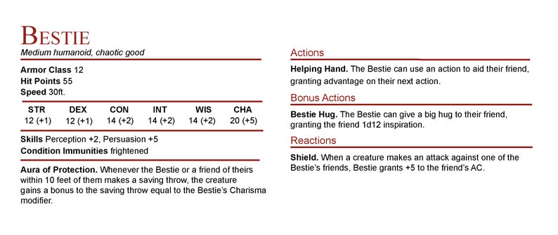 May include: A red and white printable checklist with the word "Bestie" at the top. The checklist has three sections: "Add-ons", "Bonus Add-ons", and "Features".