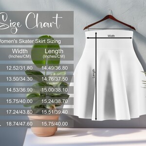 May include: Size chart for a skater skirt with measurements in inches and centimeters. The chart shows the width and length of the skirt in different sizes, from XS to 2XL.