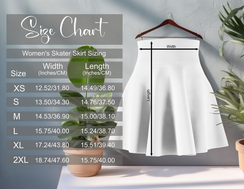 May include: Size chart for a skater skirt with measurements in inches and centimeters. The chart shows the width and length of the skirt in different sizes, from XS to 2XL.