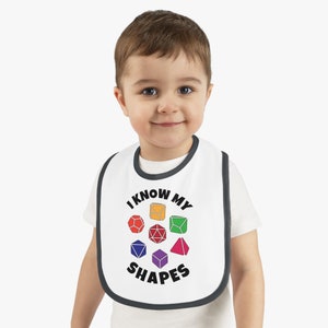 DnD Baby Bib | I know My Shapes with Polyhedral Dice Design | Dungeons and Dragons Baby Gift