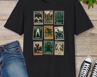 Cryptid Shirt - Vintage Stamp Tee with Mothman, Bigfoot, Chupacabra, Jersey Devil & More