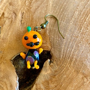 Adorable Handmade Glass Lampwork Pumpkin Mushroom Earring