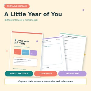 Könnte beinhalten: Ein druckbares Geburtstags-Interview- und Erinnerungsset mit dem Titel A Little Year of You. Das Set enthält 12 A4-Seiten mit Fragen für Kinder von 1 Jahr bis zum Teenageralter sowie Bereiche für Fotos, Zeichnungen und Handabdrücke zur Dokumentation.