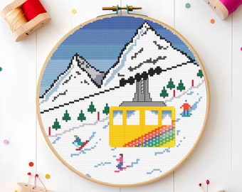 Mountain Cable Car Cross Stitch Pattern: Skiing Scene (PDF Download)