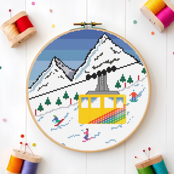 Mountain Cable Car Cross-Stitch Embroidery Pattern PDF Download | Ski Lift | Gondola | Skiing | Snowboarding | Alpine | Snow