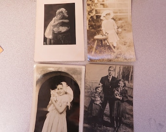 Vintage Victorian Girls with Cats Pobieranie zdjęć RPPC Real Photo Postcards