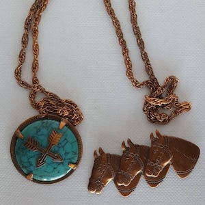 Vintage 1950s Signed Bell Copper Pendant With Faux Tourqoise Circle With Arrows On 30 Inch Copper Chain Necklace And Horses Brooch Pin
