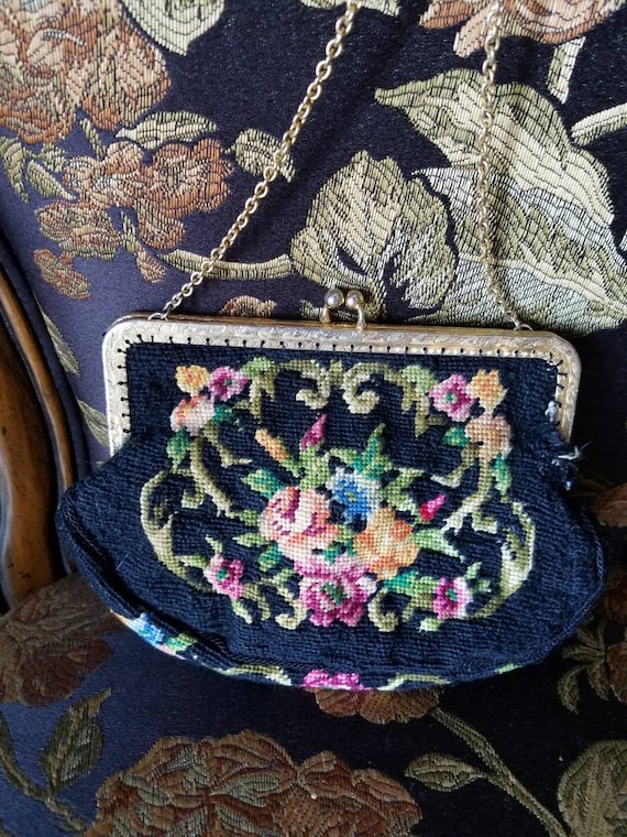 Purse Vintage Handmade Black Embroidered Gold Tone