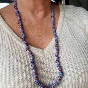 Trading Beads Jewelry Vintage 1970s Venetian African Glass Beaded Trading Beads Light Blue Red Royal 30 Inch Necklace