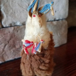Alpaca Llama Genuine Peruvian Peru Fur Leather Vintage Doll Figurine Handmade White And Brown 1960s