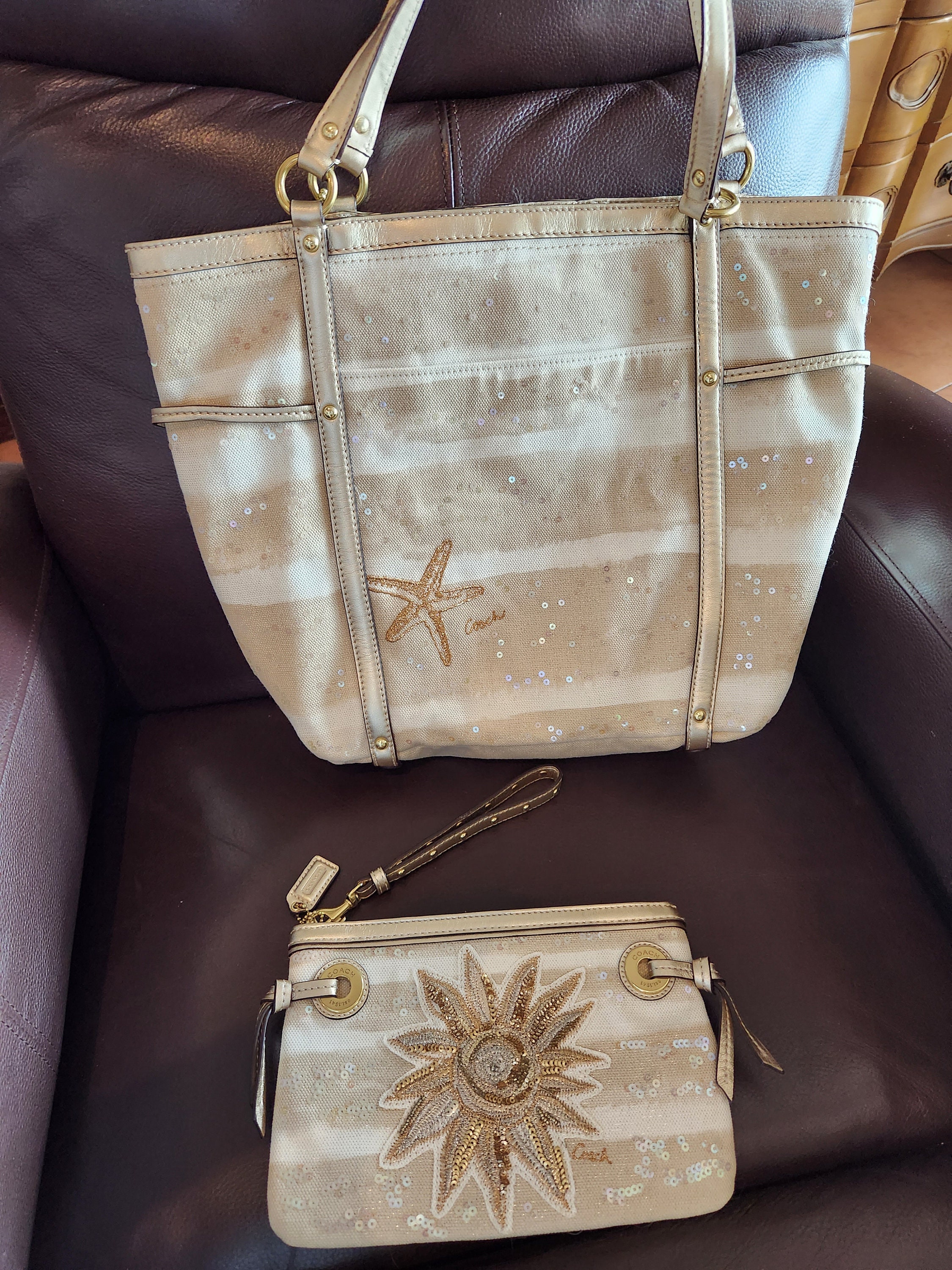 Coach Large Gold Sunflower and Seashell Handbag Purse With