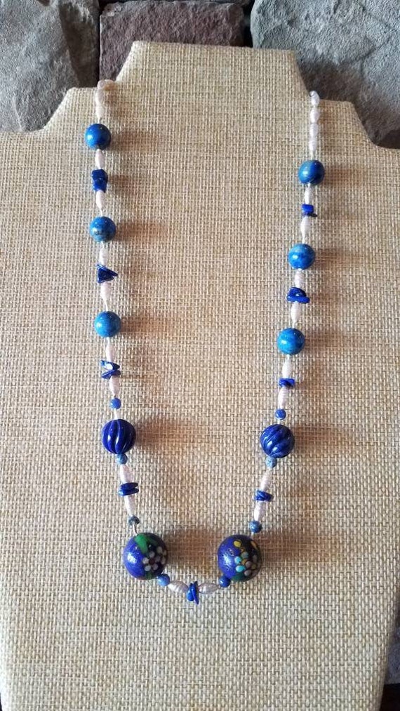 14k Cloisonne Rice Pearls Lapis Hand Knotted 19 In