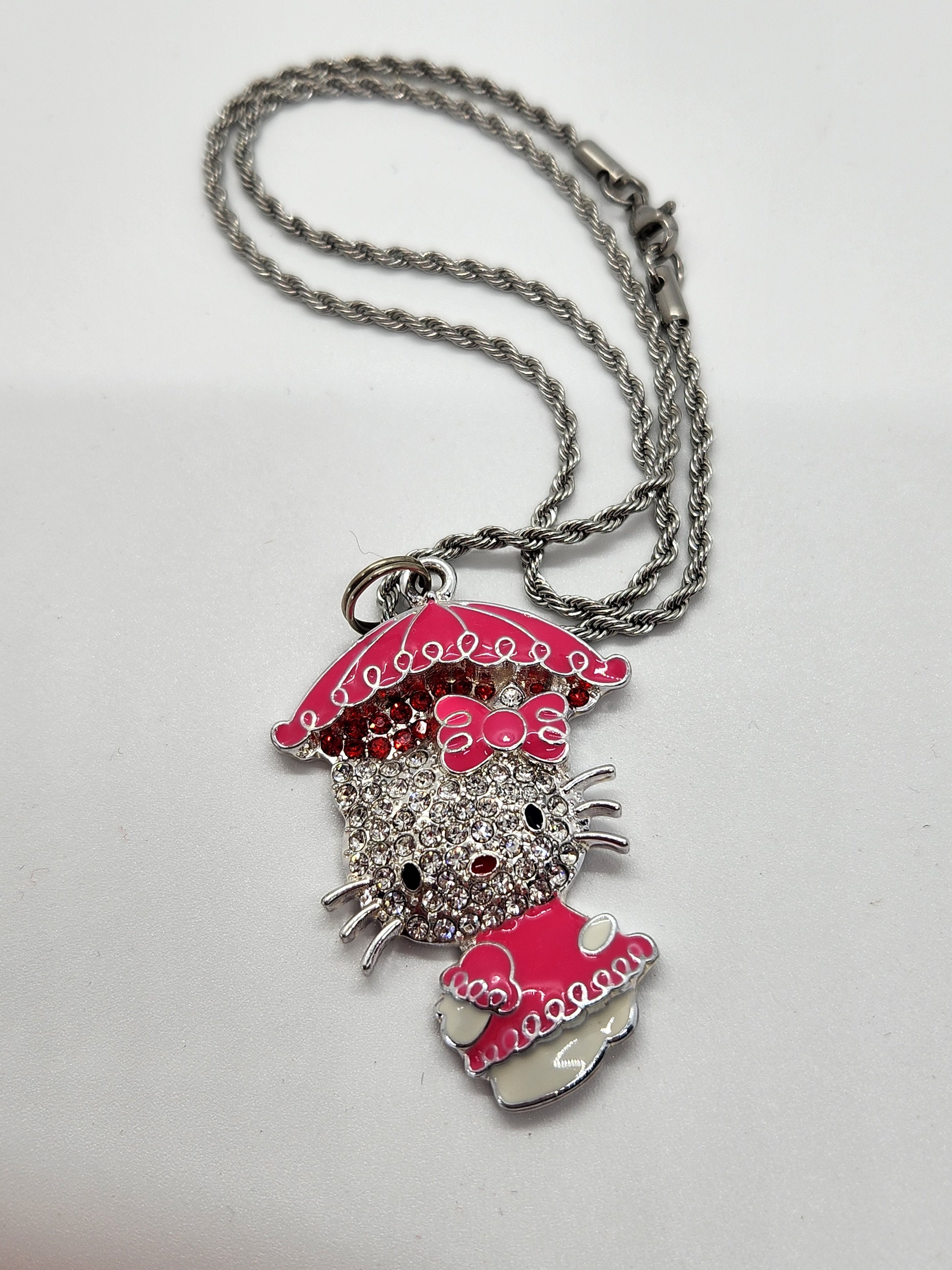 Hello Kitty Large Pink Enameled Rhinestone Pendant Necklace on 16