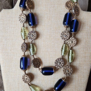 Vintage Venetian Blue Green Gold Statement Necklace 38 Inches Adjustable