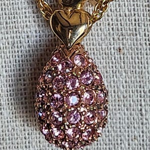Joan Rivers Heart Dove Pink Crystal And Gold Egg Necklace Valentines Day Birthday Vintage Designer Jewelry