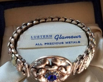 Antique Lustern 1940s 12K GF Rose Yellow Gold Sweetheart Expansion Bracelet Estate Blue Stones Floral Design Heart Leaves Women's Jewelry