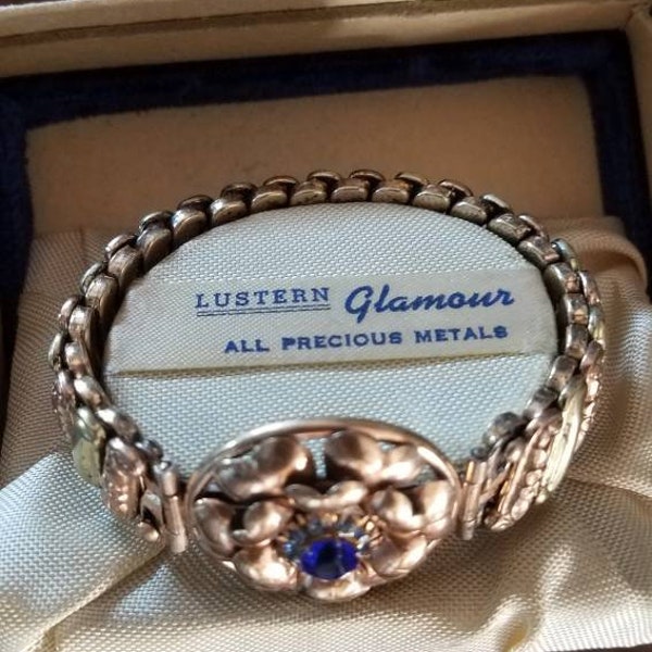 Antique Lustern 1940s 12K GF Rose Yellow Gold Sweetheart Expansion Bracelet Estate Blue Stones Floral Design Heart Leaves Women's Jewelry