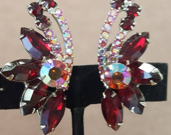 Earrings Silver Ruby Red Star Burst Floral Pink Purple Aurora Borealis Rhinestones Clip On Earrings Vintage Gorgeous