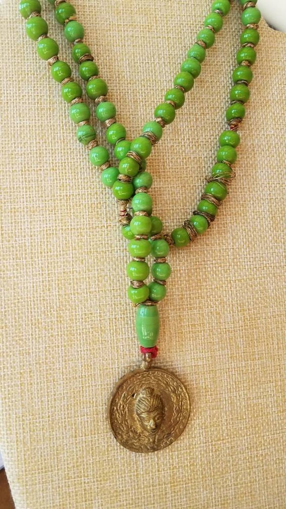 Buddah Pendant Beaded Necklace With Green Beads  … - image 2