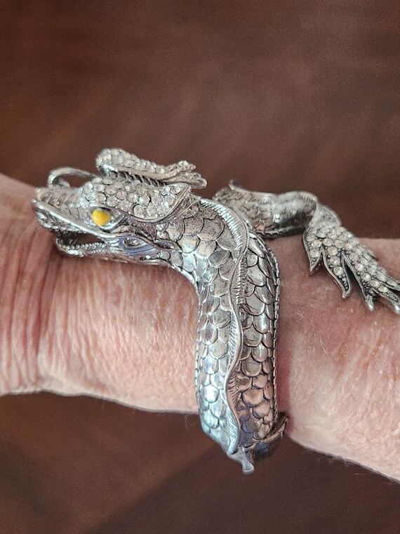Silver Dragon Hinged Bangle With Rhinestones And … - image 9