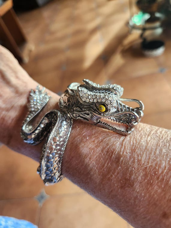 Silver Dragon Hinged Bangle With Rhinestones And … - image 1
