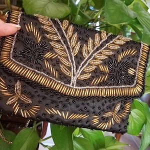 La Regale Ltd Envelope Beaded Black Gold Silver Evening Clutch Handbag Purse Shoulder Strap Formal Vintage