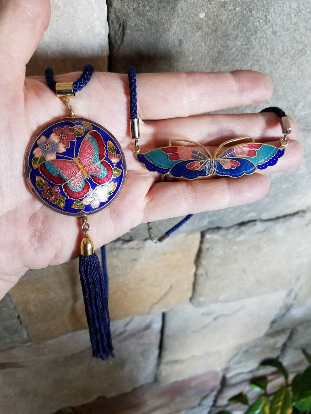 Cloisonne 2 Layering Chinese Butterfly and Flowers Floral Necklaces on ...