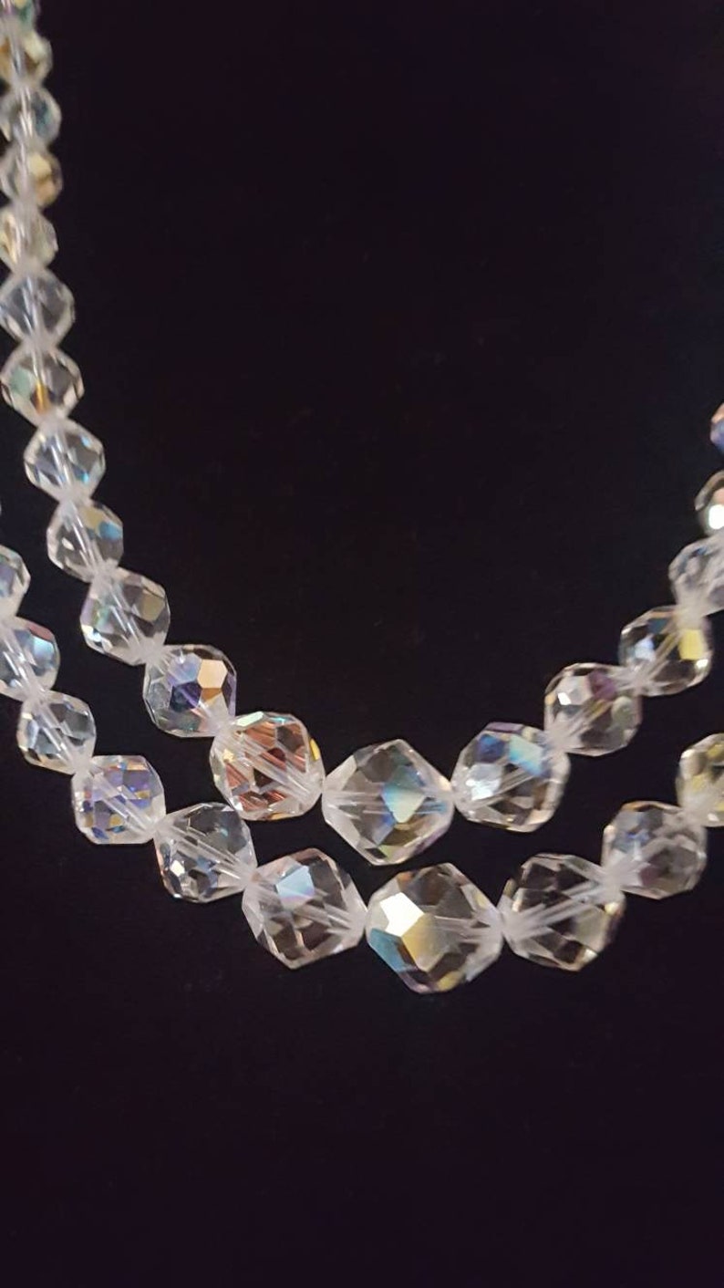 Vintage Aurora Borealis Crystal 2 Strand 14 Choker Necklace