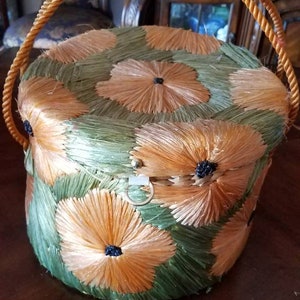 Basket Yellow Flowers Green Raffia Lided Top With Handles Purse  Storage Sewing Basket Made in Philippines Large Round 11 x 8 Inches Vintage