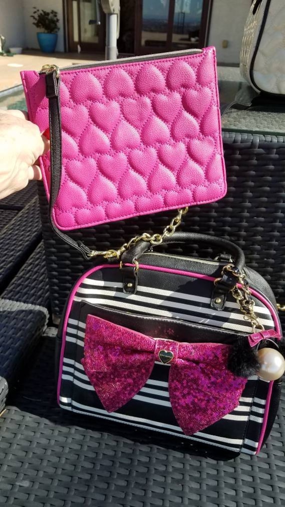 Betsey Johnson Quilted Heart Bag Purse Black Cream Polka Dot | eBay