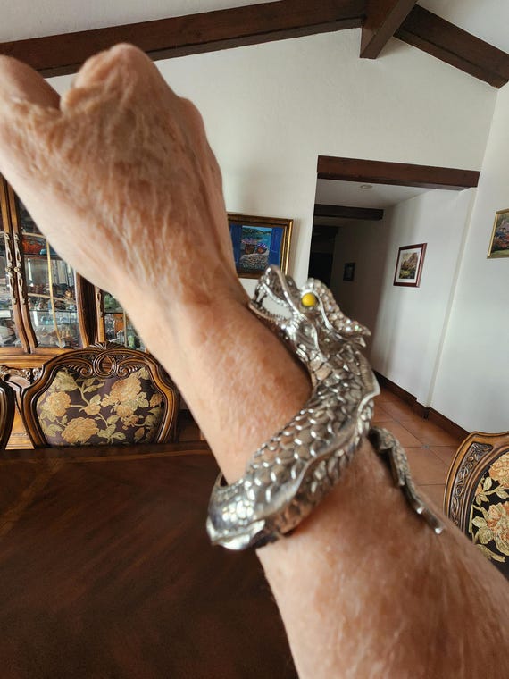 Silver Dragon Hinged Bangle With Rhinestones And … - image 3