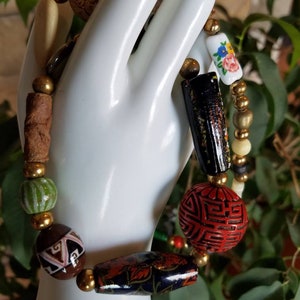 Asian Chinese Cinnabar Chunky Statement Necklace Ceramic Hand Carved Inlaid Stone Lapiz Coral Mother Of Pearl Onyx Malachite Boho Vintage