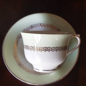 Vintage Colclough Gold Light Green White Genuine Bone China From England Tea Cup And Saucer Set English