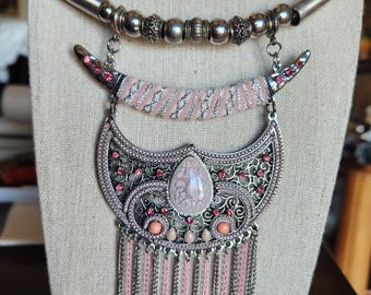 Vintage Statement Fringe Bib Necklace Silver Tone Finish Pink Coral Stones Pink Rhinestones Women's Jewelry Matching Pierced Earrings