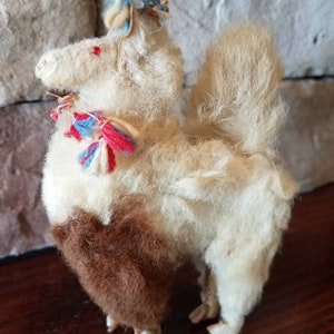 Alpaca Llama Genuine Peruvian Peru Fur Leather Vintage Doll Figurine Stands  Handmade White On One Side Brown And White On The Other 1960s