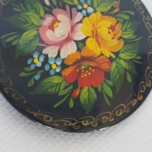 Vintage Russian Folk Art Black Metal With Gold Hand Painted Lacquer Orange Yellow Pink Blue Green Red Floral Flowers Brooch Pin