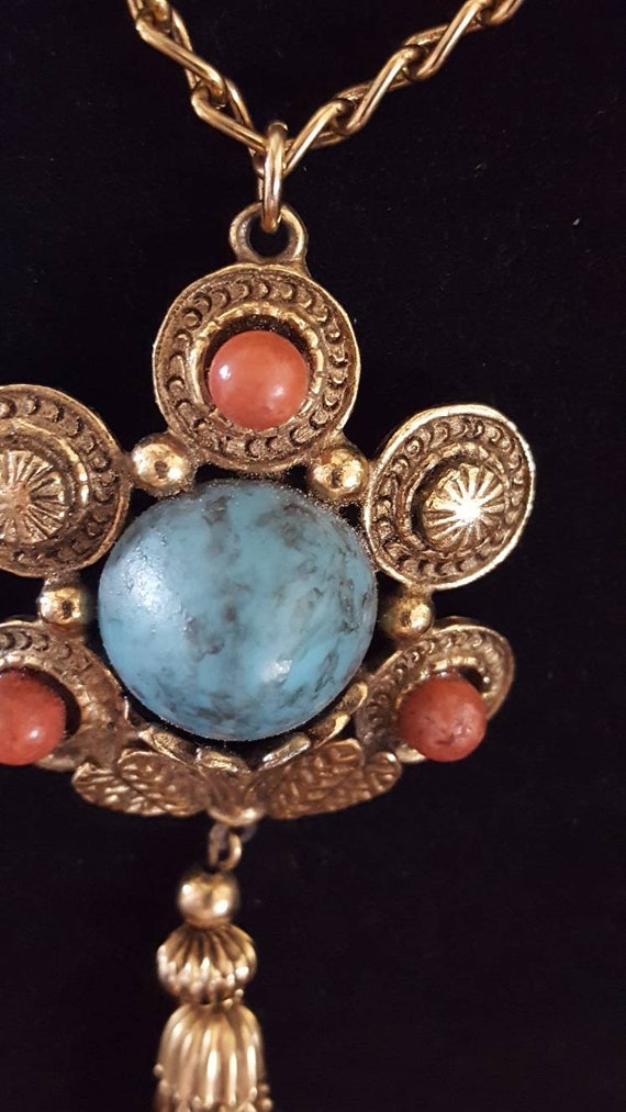 Vintage Gold Tone Metal Faux Turquoise Coral Caba… - image 2