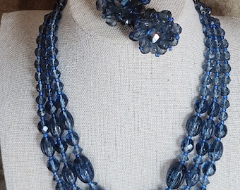 Western Germany Blue Teal Purple Hue Crystal Three Strand Necklace With Matching Clip On Earrings Beautiful Signed Vintage 17 Inches