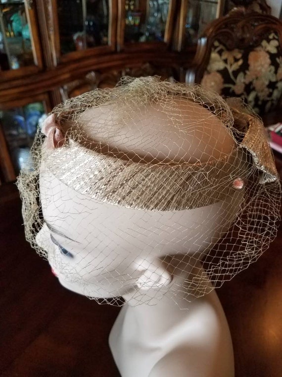 Hat Vintage Bow Bronze Peach Formal Netting Hat D… - image 2