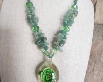 Murano Glass Style Green Floral Beaded Necklace With Aventurine Adjustable Statement Necklace Vintage Flower Green Handmade