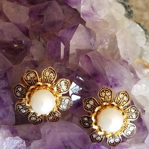 Damascene Pearl Flower Clip On Earrings Vintage