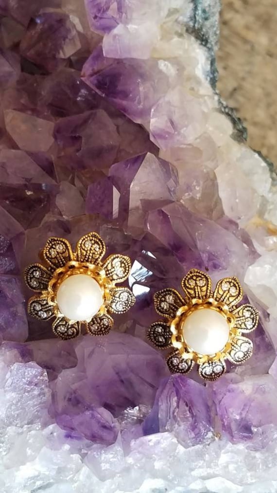 Damascene Pearl Flower Clip On Earrings Vintage