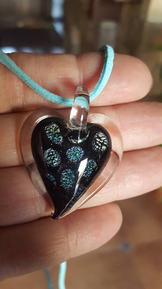 Vintage MURANO Glass Heart Pendant Turquoise Leath