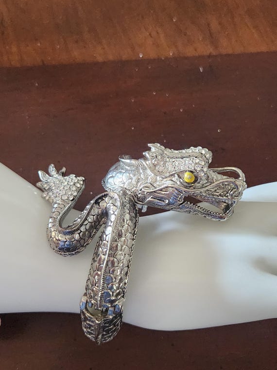 Silver Dragon Hinged Bangle With Rhinestones And … - image 2