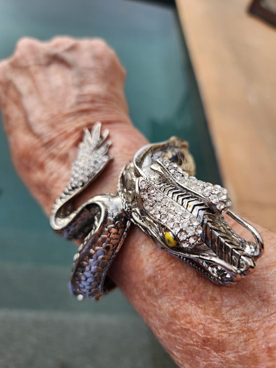 Silver Dragon Hinged Bangle With Rhinestones And … - image 6