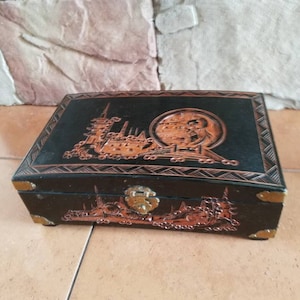 Vintage Large Asian Chinese Handmade Hand Carved Dark Brown Tan Wood Jewelry Box With Brass Closure With Turquoise Blue Silk Interior