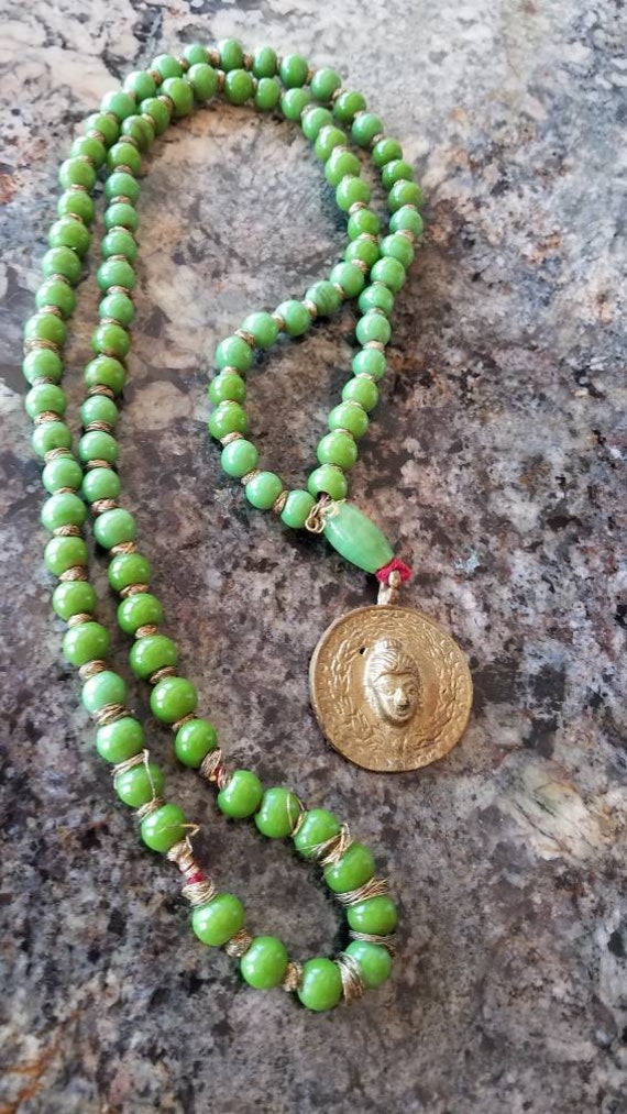 Buddah Pendant Beaded Necklace With Green Beads  … - image 1
