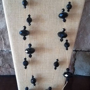 Black Acrylic Clusters On 14K Gold Plated Layering Chain Necklace 60 Inches Vintage