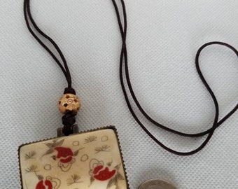 Handmade Painted Asian Chinese Koi Fish Bone Rectangle Box Red Beige Black Locket With Hand Carved Bead On Silk Cord 28" Necklace Vintage
